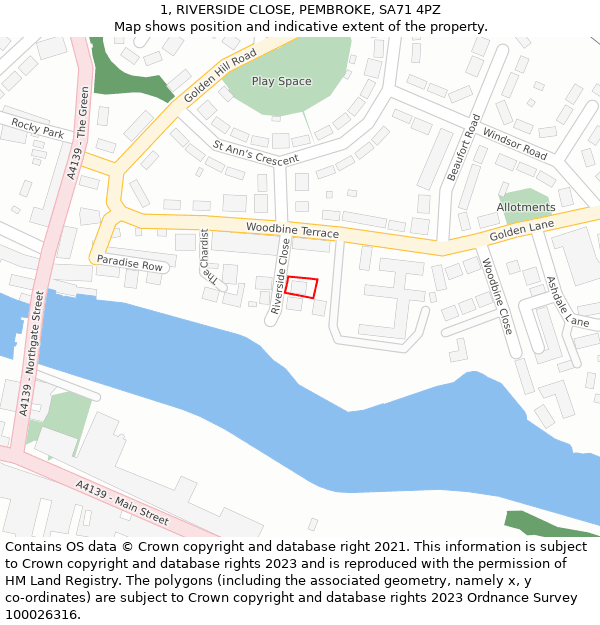 1, RIVERSIDE CLOSE, PEMBROKE, SA71 4PZ: Location map and indicative extent of plot