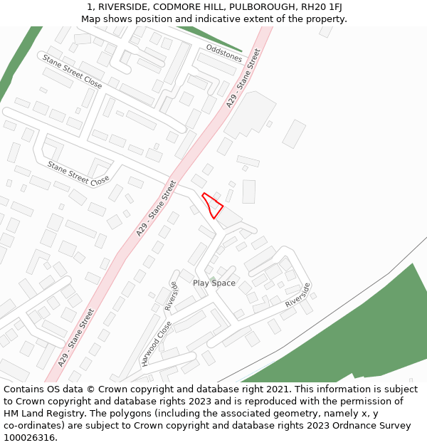 1, RIVERSIDE, CODMORE HILL, PULBOROUGH, RH20 1FJ: Location map and indicative extent of plot