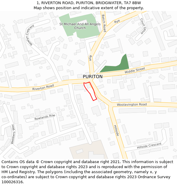 1, RIVERTON ROAD, PURITON, BRIDGWATER, TA7 8BW: Location map and indicative extent of plot