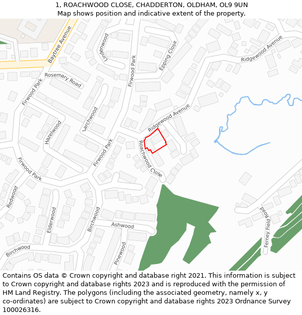 1, ROACHWOOD CLOSE, CHADDERTON, OLDHAM, OL9 9UN: Location map and indicative extent of plot