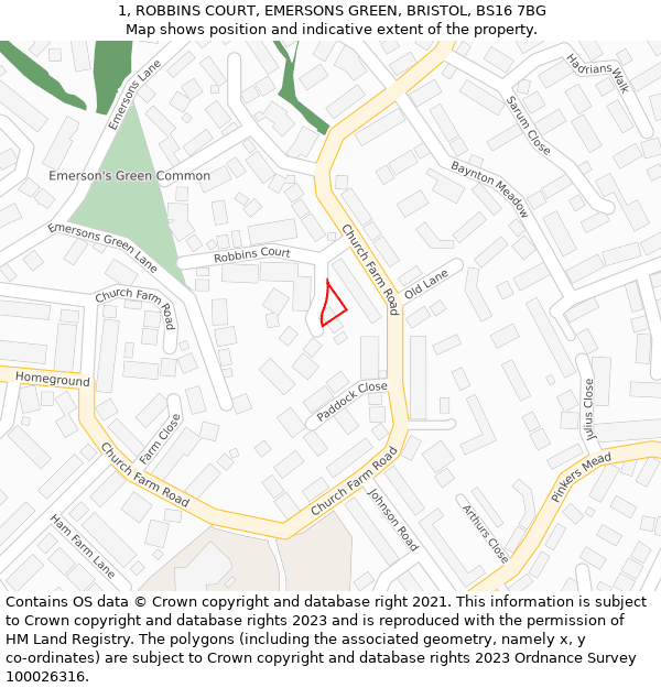 1, ROBBINS COURT, EMERSONS GREEN, BRISTOL, BS16 7BG: Location map and indicative extent of plot