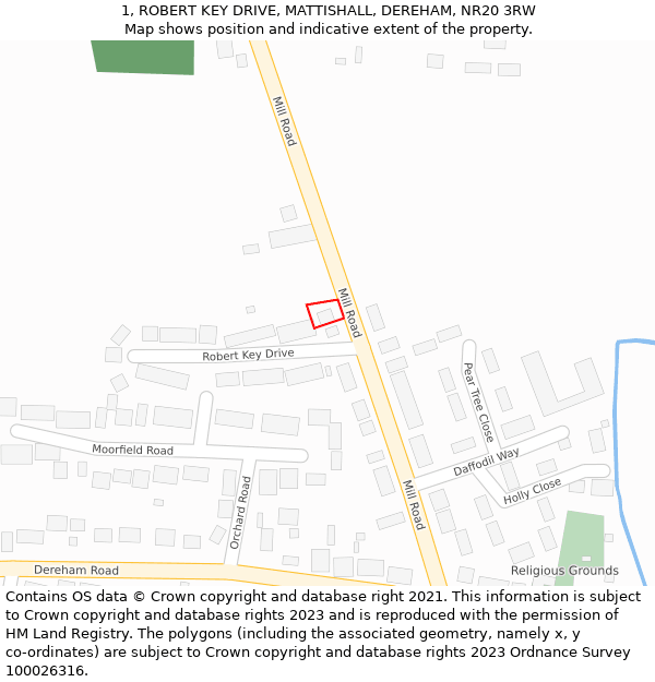 1, ROBERT KEY DRIVE, MATTISHALL, DEREHAM, NR20 3RW: Location map and indicative extent of plot