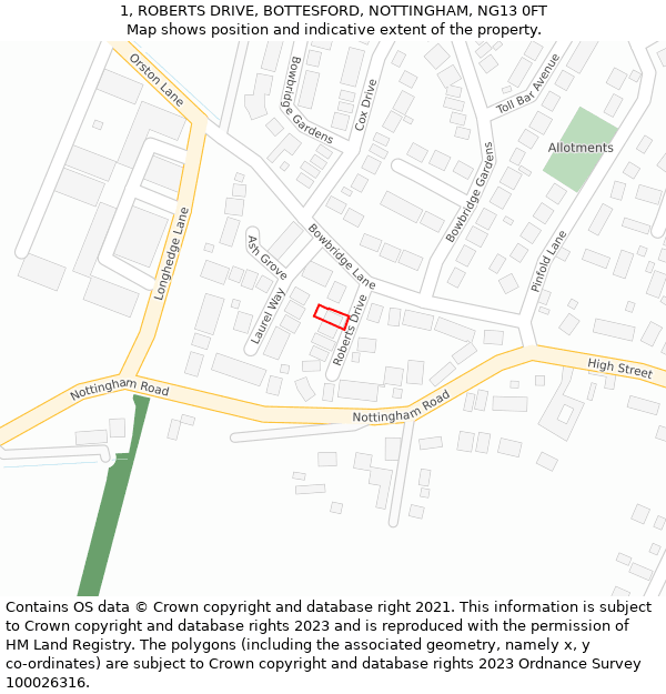 1, ROBERTS DRIVE, BOTTESFORD, NOTTINGHAM, NG13 0FT: Location map and indicative extent of plot