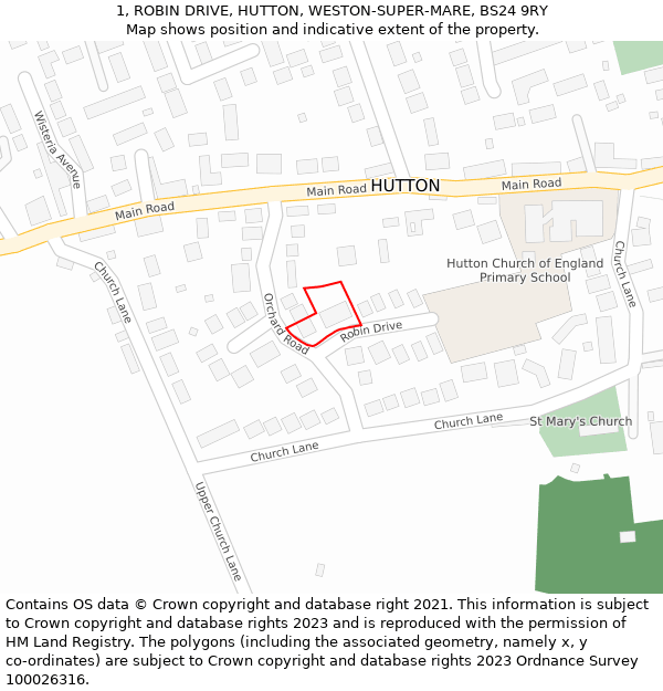 1, ROBIN DRIVE, HUTTON, WESTON-SUPER-MARE, BS24 9RY: Location map and indicative extent of plot