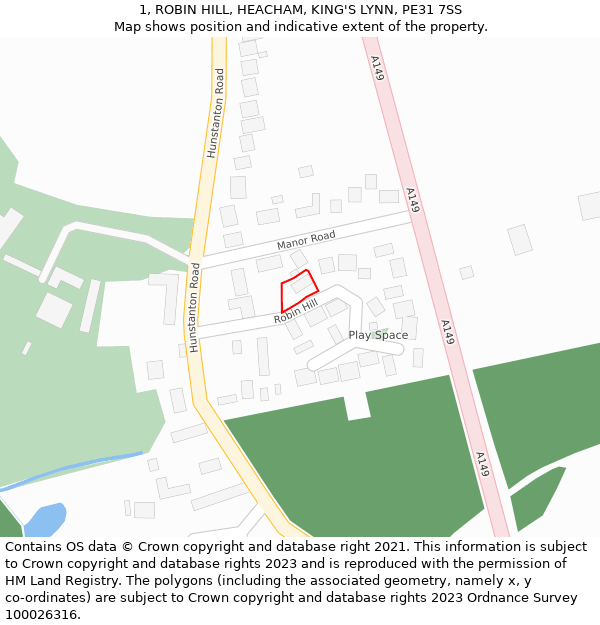 1, ROBIN HILL, HEACHAM, KING'S LYNN, PE31 7SS: Location map and indicative extent of plot