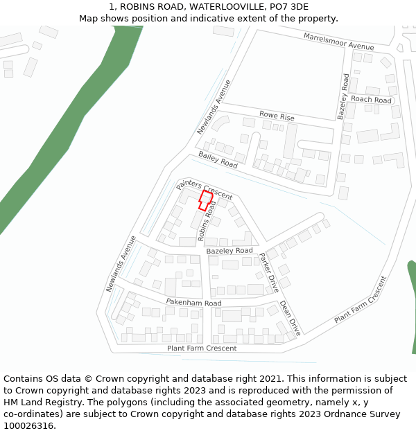 1, ROBINS ROAD, WATERLOOVILLE, PO7 3DE: Location map and indicative extent of plot
