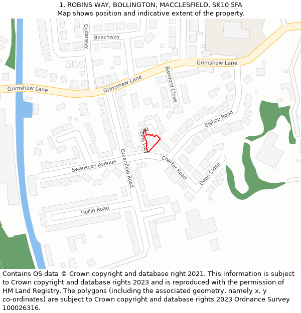1, ROBINS WAY, BOLLINGTON, MACCLESFIELD, SK10 5FA: Location map and indicative extent of plot