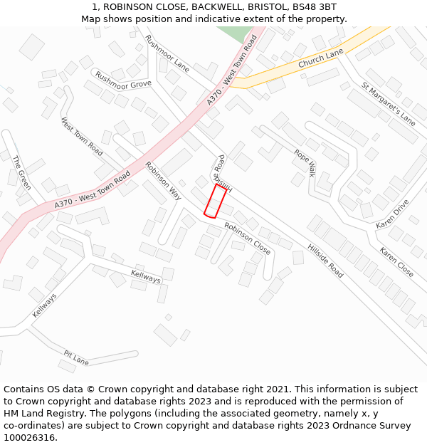 1, ROBINSON CLOSE, BACKWELL, BRISTOL, BS48 3BT: Location map and indicative extent of plot