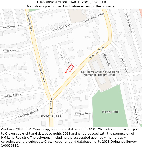 1, ROBINSON CLOSE, HARTLEPOOL, TS25 5FB: Location map and indicative extent of plot