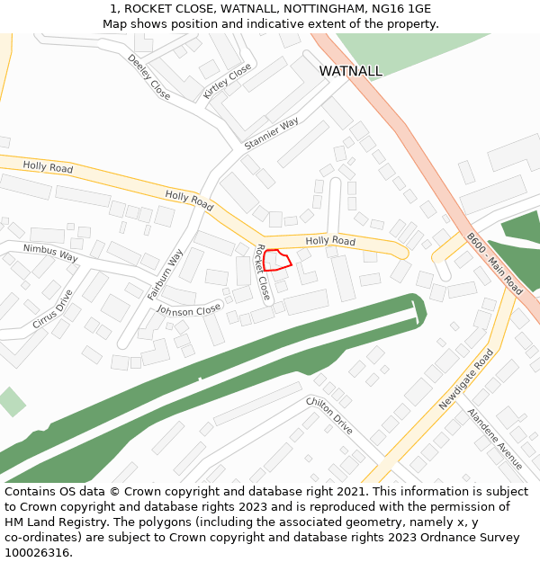 1, ROCKET CLOSE, WATNALL, NOTTINGHAM, NG16 1GE: Location map and indicative extent of plot