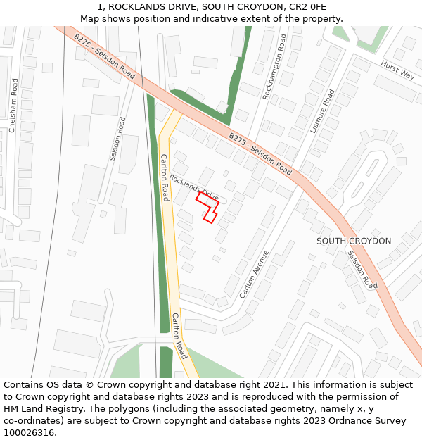 1, ROCKLANDS DRIVE, SOUTH CROYDON, CR2 0FE: Location map and indicative extent of plot