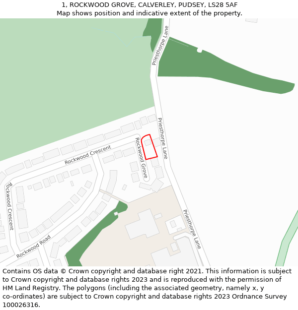 1, ROCKWOOD GROVE, CALVERLEY, PUDSEY, LS28 5AF: Location map and indicative extent of plot