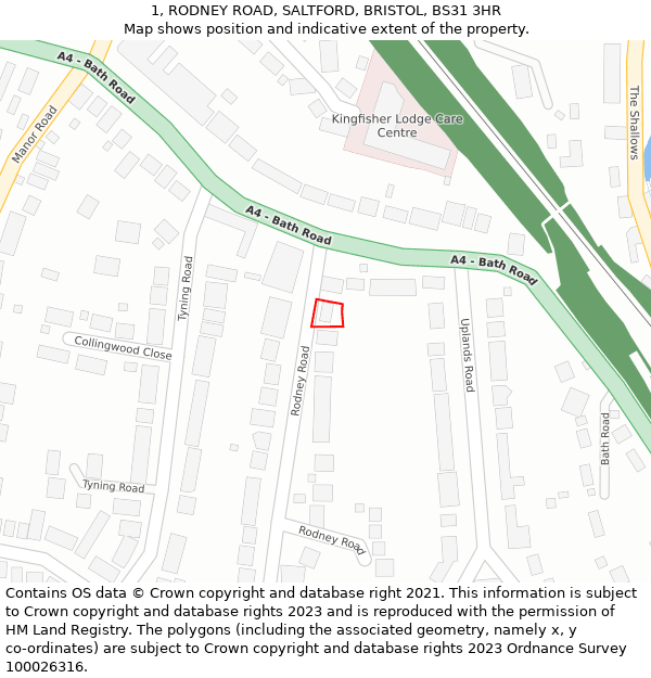 1, RODNEY ROAD, SALTFORD, BRISTOL, BS31 3HR: Location map and indicative extent of plot