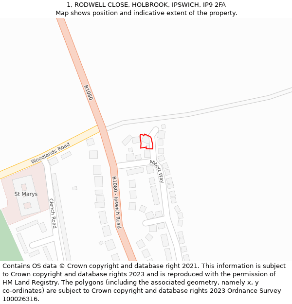 1, RODWELL CLOSE, HOLBROOK, IPSWICH, IP9 2FA: Location map and indicative extent of plot