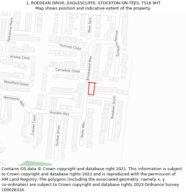 1, ROEDEAN DRIVE, EAGLESCLIFFE, STOCKTON-ON-TEES, TS16 9HT: Location map and indicative extent of plot