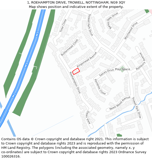 1, ROEHAMPTON DRIVE, TROWELL, NOTTINGHAM, NG9 3QY: Location map and indicative extent of plot