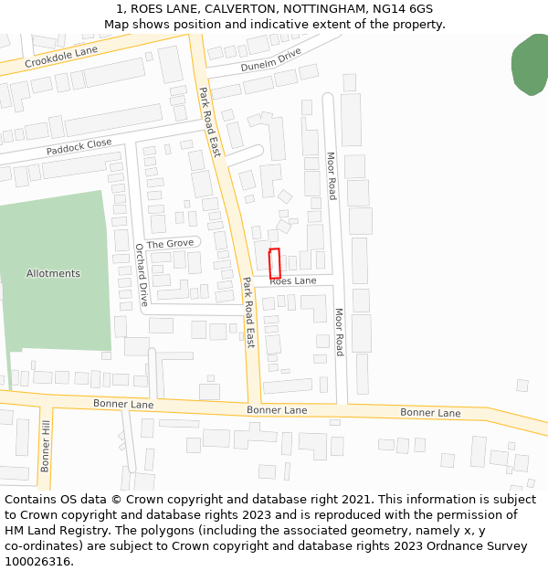 1, ROES LANE, CALVERTON, NOTTINGHAM, NG14 6GS: Location map and indicative extent of plot