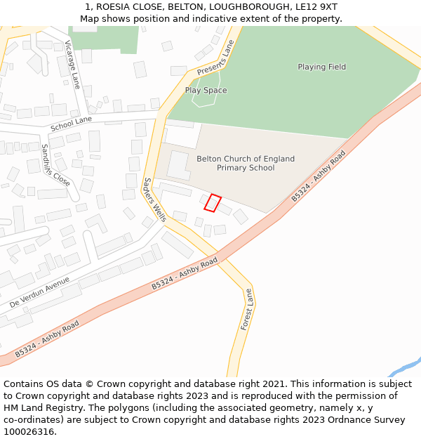 1, ROESIA CLOSE, BELTON, LOUGHBOROUGH, LE12 9XT: Location map and indicative extent of plot