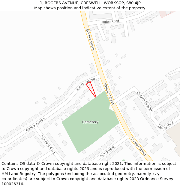 1, ROGERS AVENUE, CRESWELL, WORKSOP, S80 4JP: Location map and indicative extent of plot
