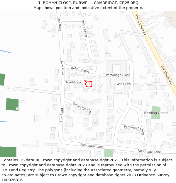 1, ROMAN CLOSE, BURWELL, CAMBRIDGE, CB25 0RQ: Location map and indicative extent of plot