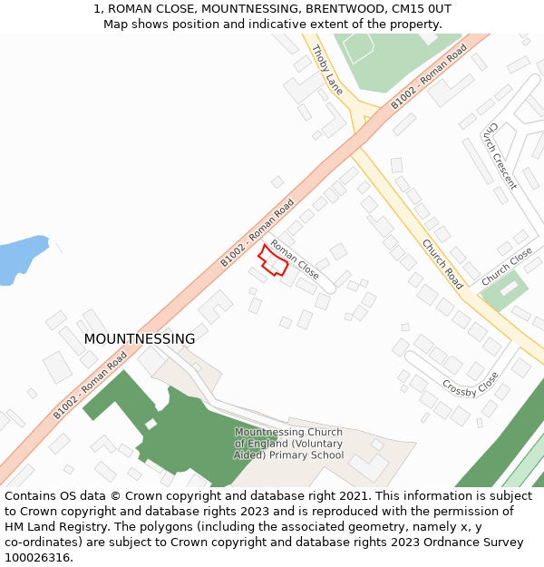 1, ROMAN CLOSE, MOUNTNESSING, BRENTWOOD, CM15 0UT: Location map and indicative extent of plot