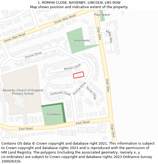 1, ROMAN CLOSE, NAVENBY, LINCOLN, LN5 0GW: Location map and indicative extent of plot