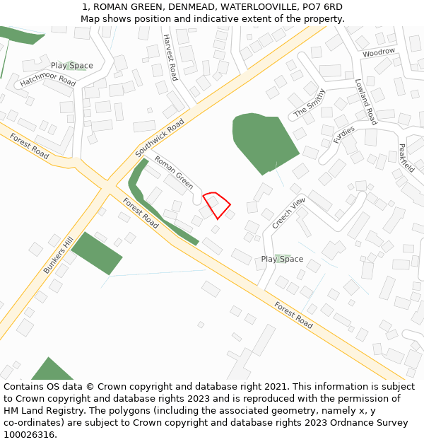 1, ROMAN GREEN, DENMEAD, WATERLOOVILLE, PO7 6RD: Location map and indicative extent of plot