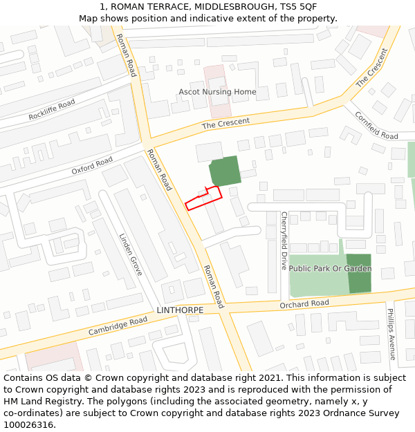 1, ROMAN TERRACE, MIDDLESBROUGH, TS5 5QF: Location map and indicative extent of plot