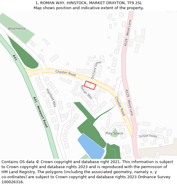 1, ROMAN WAY, HINSTOCK, MARKET DRAYTON, TF9 2SL: Location map and indicative extent of plot