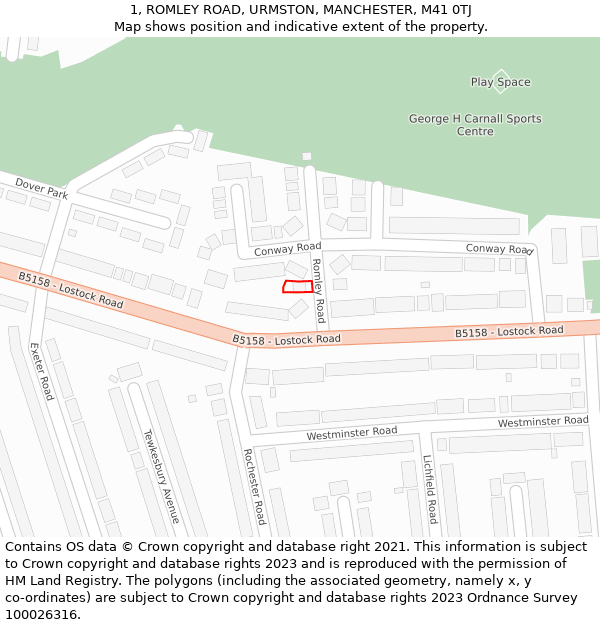 1, ROMLEY ROAD, URMSTON, MANCHESTER, M41 0TJ: Location map and indicative extent of plot