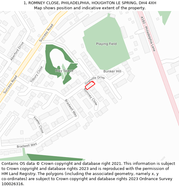 1, ROMNEY CLOSE, PHILADELPHIA, HOUGHTON LE SPRING, DH4 4XH: Location map and indicative extent of plot