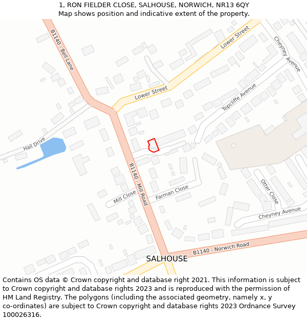 1, RON FIELDER CLOSE, SALHOUSE, NORWICH, NR13 6QY: Location map and indicative extent of plot