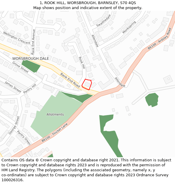 1, ROOK HILL, WORSBROUGH, BARNSLEY, S70 4QS: Location map and indicative extent of plot