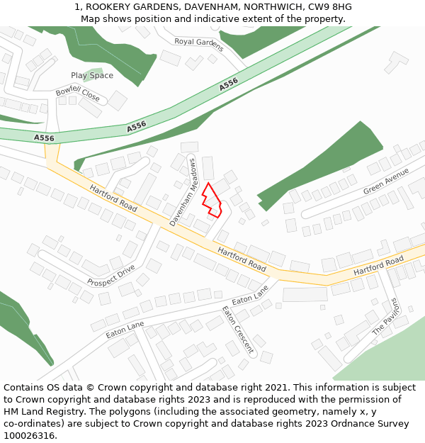 1, ROOKERY GARDENS, DAVENHAM, NORTHWICH, CW9 8HG: Location map and indicative extent of plot