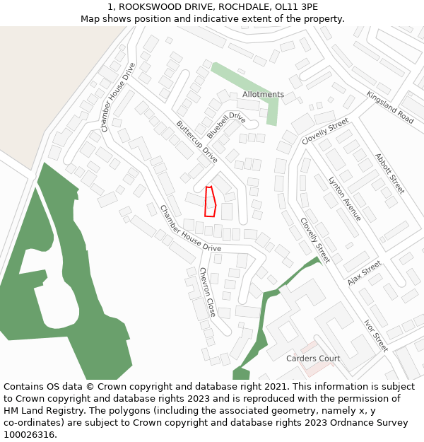 1, ROOKSWOOD DRIVE, ROCHDALE, OL11 3PE: Location map and indicative extent of plot