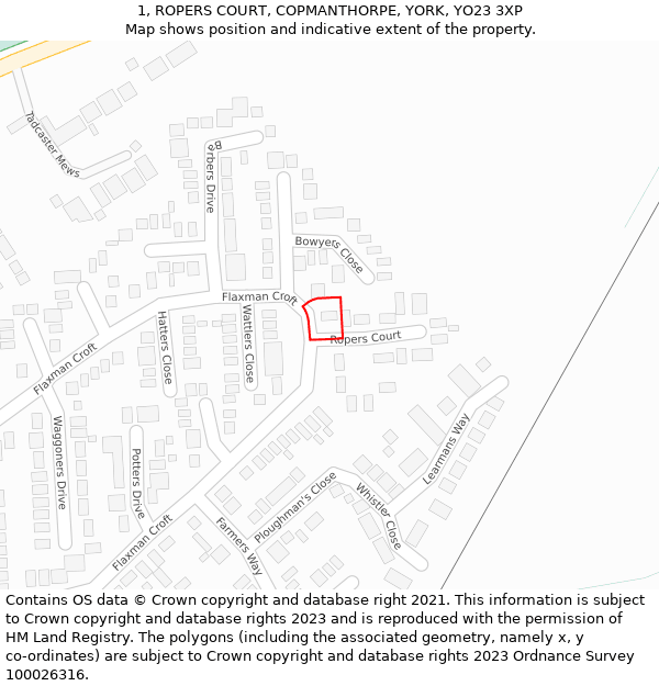 1, ROPERS COURT, COPMANTHORPE, YORK, YO23 3XP: Location map and indicative extent of plot