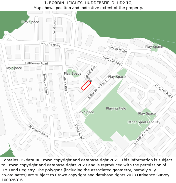 1, RORDIN HEIGHTS, HUDDERSFIELD, HD2 1GJ: Location map and indicative extent of plot