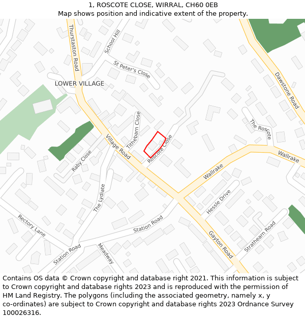 1, ROSCOTE CLOSE, WIRRAL, CH60 0EB: Location map and indicative extent of plot