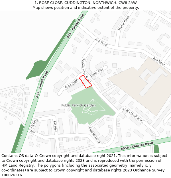 1, ROSE CLOSE, CUDDINGTON, NORTHWICH, CW8 2AW: Location map and indicative extent of plot