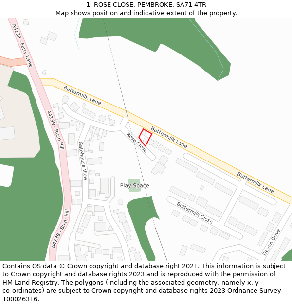 1, ROSE CLOSE, PEMBROKE, SA71 4TR: Location map and indicative extent of plot