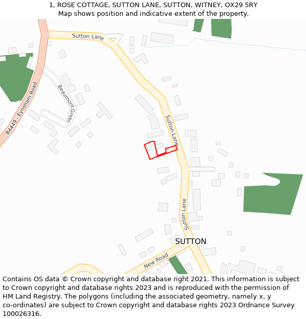 1, ROSE COTTAGE, SUTTON LANE, SUTTON, WITNEY, OX29 5RY: Location map and indicative extent of plot