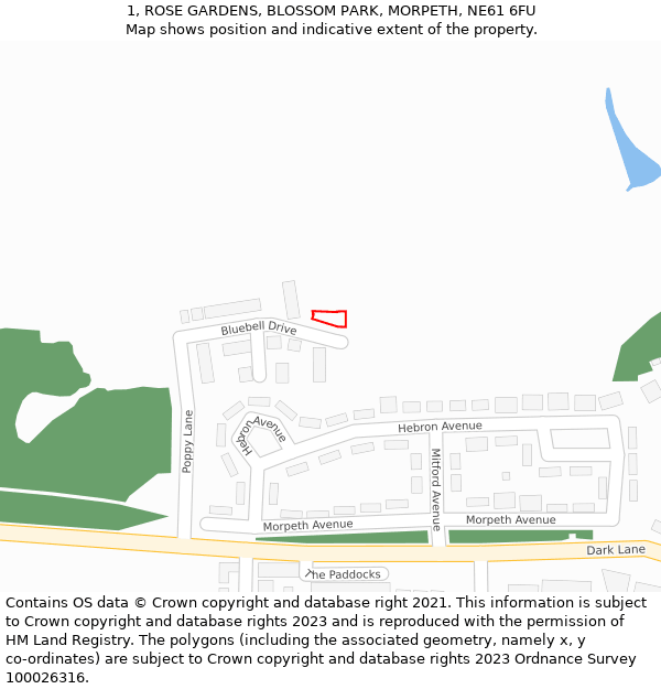 1, ROSE GARDENS, BLOSSOM PARK, MORPETH, NE61 6FU: Location map and indicative extent of plot