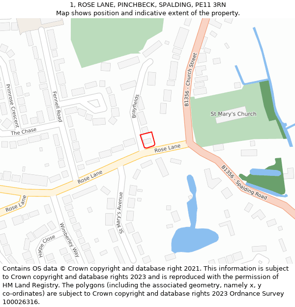 1, ROSE LANE, PINCHBECK, SPALDING, PE11 3RN: Location map and indicative extent of plot