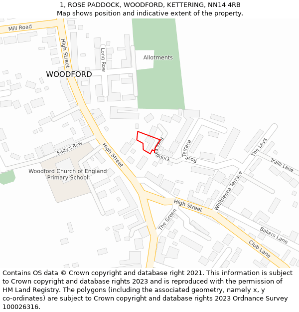 1, ROSE PADDOCK, WOODFORD, KETTERING, NN14 4RB: Location map and indicative extent of plot