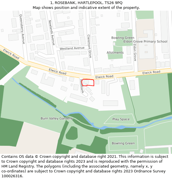 1, ROSEBANK, HARTLEPOOL, TS26 9PQ: Location map and indicative extent of plot