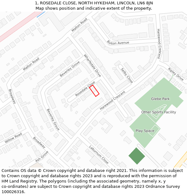 1, ROSEDALE CLOSE, NORTH HYKEHAM, LINCOLN, LN6 8JN: Location map and indicative extent of plot