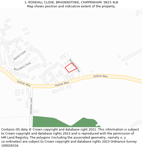 1, ROSEHILL CLOSE, BRADENSTOKE, CHIPPENHAM, SN15 4LB: Location map and indicative extent of plot