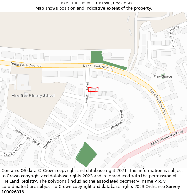 1, ROSEHILL ROAD, CREWE, CW2 8AR: Location map and indicative extent of plot