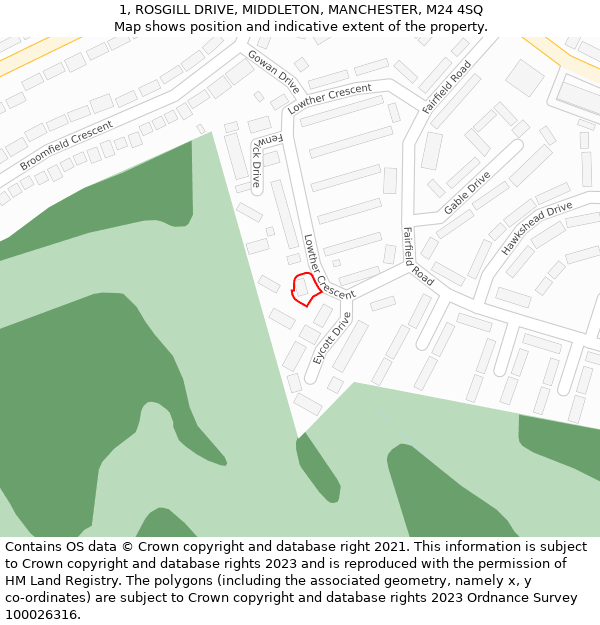 1, ROSGILL DRIVE, MIDDLETON, MANCHESTER, M24 4SQ: Location map and indicative extent of plot