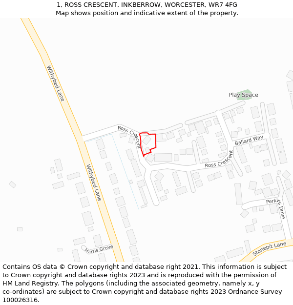 1, ROSS CRESCENT, INKBERROW, WORCESTER, WR7 4FG: Location map and indicative extent of plot